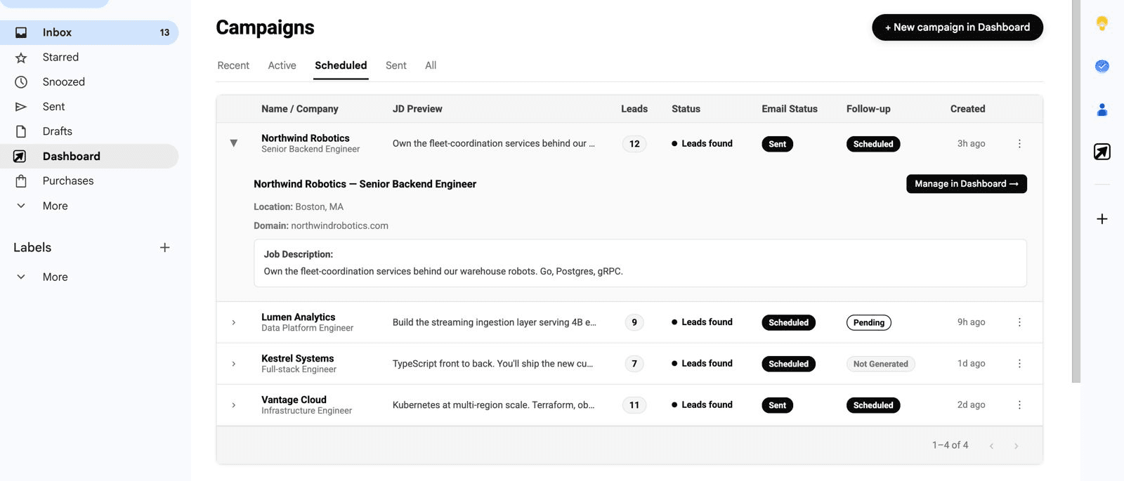 The Apply Ops campaigns view inside Gmail, listing matched roles with their job descriptions and application status.