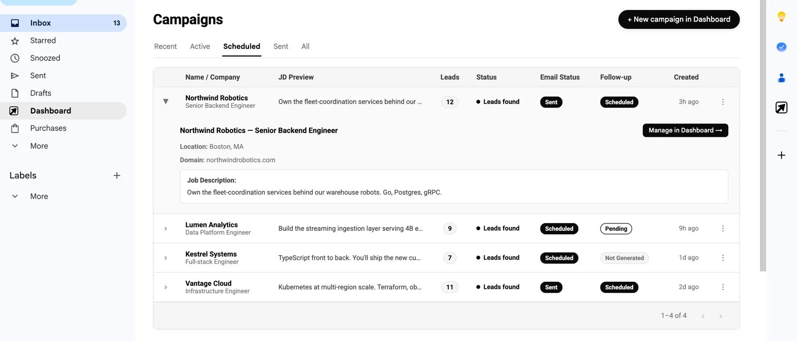 The Apply Ops campaigns view inside Gmail, listing matched roles with their job descriptions and application status.